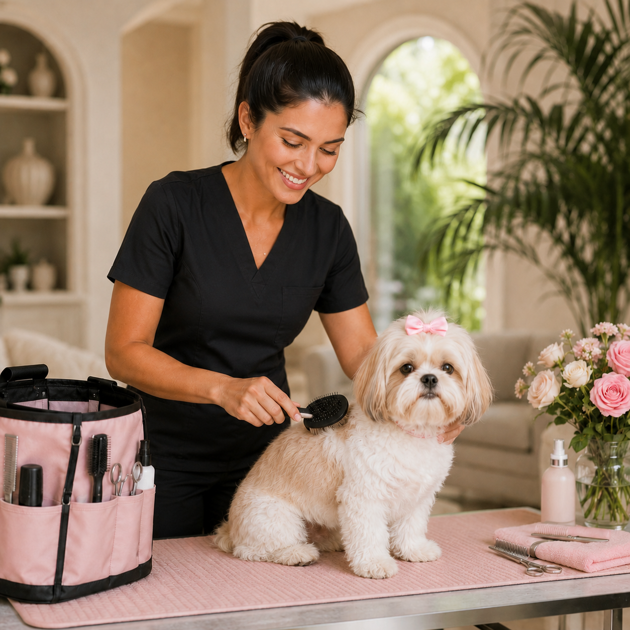 Kisses Dog Grooming finishing a groom with brushing