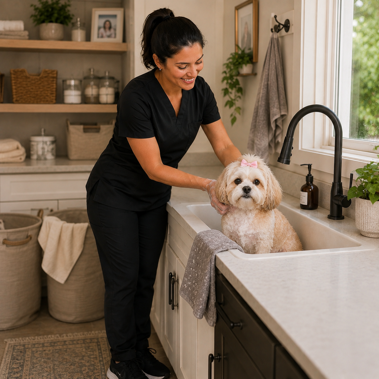 One-on-one house-call dog grooming bath at home